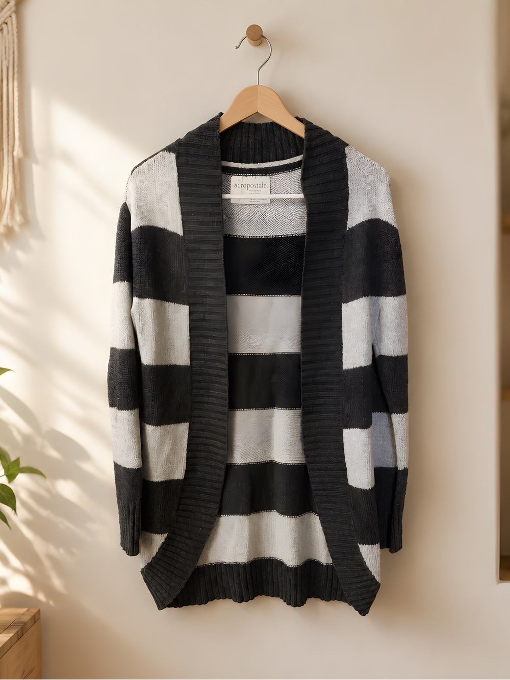 Aeropostale Black and Gray Striped Open-Front Cardigan Sweater